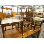 A mahogany coffee table with tapestry insert, an Edwardian beech open arm chair, and a 19thC mahogan