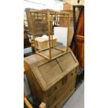 A gold and marble occasional table, oak bureau, standard lamp and a nest of three metal tables.