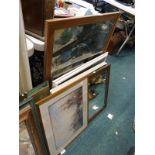 Miscellaneous pictures, prints, mirrors to include 19thC French Napoleonic warship, prints or warshi