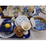 Miscellaneous items to include a Staffordshire figure, German porcelain fairings, embroidered tray,