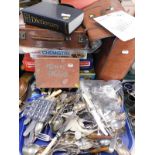 Various board games, silver plated flatware, brown travel case, bowls, etc. (a quantity)