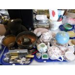 Soft toys, part tea service, Sony speakers, wooden case, various silver plated flatware, globe ornam