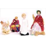 Four Royal Doulton porcelain figures, comprising Sally HN2741, Darling HN1985, What Fun HN3364, and