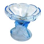 An Art Deco frosted and clear blue glass bowl, of lobed form, raised on a stem moulded with the Thre