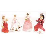 Four Royal Doulton porcelain figures, comprising Country Rose HN3221, Strolling HN3755, Miss Kay HN3