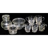 Five late Victorian cut glass custard cups, a cut glass sugar bowl, cut glass pickle jar with mushro