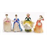 Four Royal Doulton porcelain figures, comprising Patricia HN3907, Becky HN2740, Valerie HN3904, and