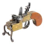 A Dunhill tinder pistol lighter, in brass with hardwood handle, provisional patent number 19273, reg