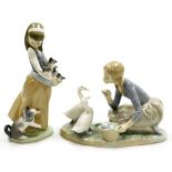 Two Lladro porcelain figure groups, comprising girl kneeling feeding geese, 17cm high, and girl hold