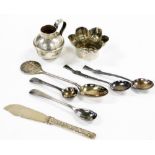 A group of small silver, to include miniature jug, Birmingham 1953, 4cm high, a butter knife, the ha