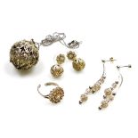 A group of silver filigree jewellery, comprising a pair of silver drop ball earrings, 6cm high, a fi