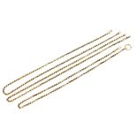 Three 9ct gold belcher link neck chains, on bolt ring or lobster claw clasps, 38.0g.