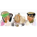 Two Royal Doulton pottery character jugs, four Coalport miniature figures, a Beswick Beatrix Potter