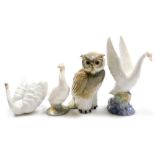 Three Nao porcelain bird figures, comprising owl, 17cm high, swan, 19cm high, goose, 15cm high and a