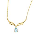 A 9ct gold pendant and chain, the teardrop shaped pendant a blue zircon, with two fan design pendant