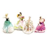 Four Royal Doulton porcelain figures, comprising Summertime HN3478, Emily HN4093, Diana HN2468 and T