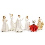 Five Royal Doulton porcelain figures, comprising Welcome HN3764, Thinking Of You HN3124, Karen HN327