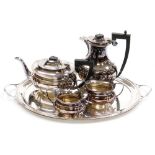 An Elizabeth II silver four piece tea set and two handled tray, the tea set of baluster form, compri