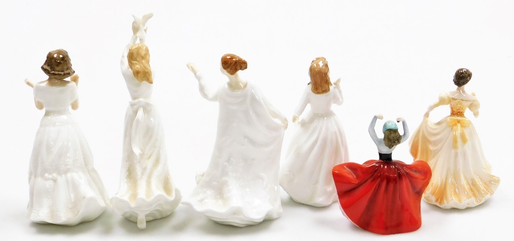 Five Royal Doulton porcelain figures, comprising Welcome HN3764, Thinking Of You HN3124, Karen HN327 - Image 2 of 4