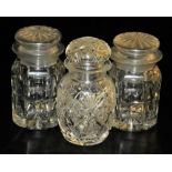 Three cut glass pickle jars and covers, comprising a pair, 12cm high, and a further example, 5cm hig