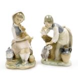 Two Lladro porcelain figures, comprising girl seated with dogs, 22cm high and girl leaning against t