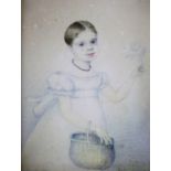 19thC School. Figure of a young girl holding rose and flower basket, pencil drawing with ink highlig