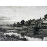 B.W. Leader. Cottage scene with lake and figures, black and white etching, signed, 46cm x 74cm.
