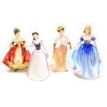 Four Royal Doulton porcelain figures, comprising Southern Belle HN2229, Pride of Scotland HN4453, Th