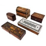 A Victorian rosewood drawing instrument box, inlaid cribbage box, containing two packs of playing ca