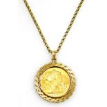A George V gold full sovereign 1927, in a 9ct gold pendant mount, on a 9ct gold belcher chain with l