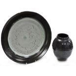 Two items of studio pottery, to include a charger with crackle blue glaze centre and black rim, 43cm