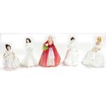 Five Royal Doulton porcelain figures, comprising Amanda HN3635, Christmas Day HN3488, Harmony HN4096