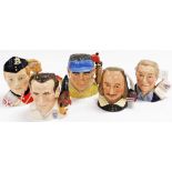 Five Royal Doulton pottery character jugs, comprising The Golfer D7064, the Figure Collector D7156,