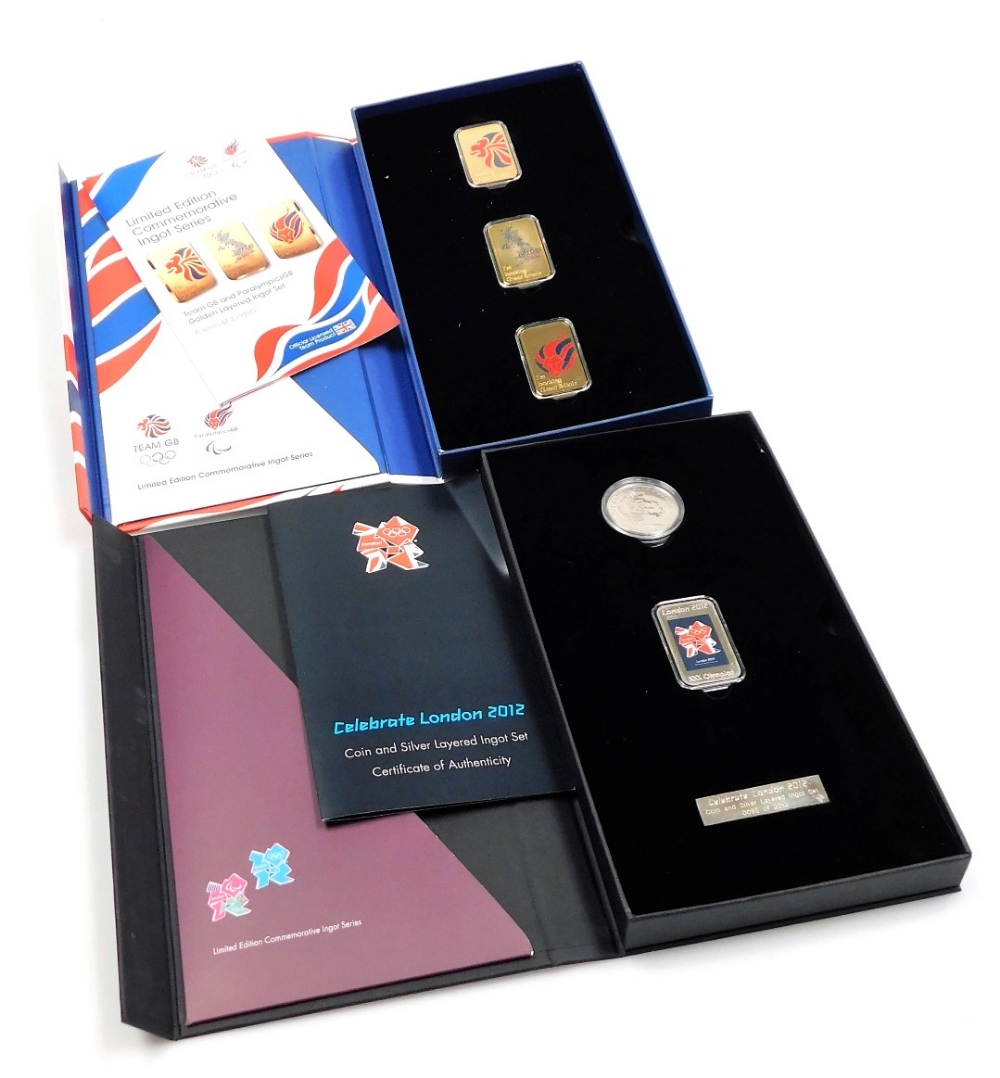 Two Olympic related three limited edition ingot sets, one for Team GB and Paralympics GB gold layere