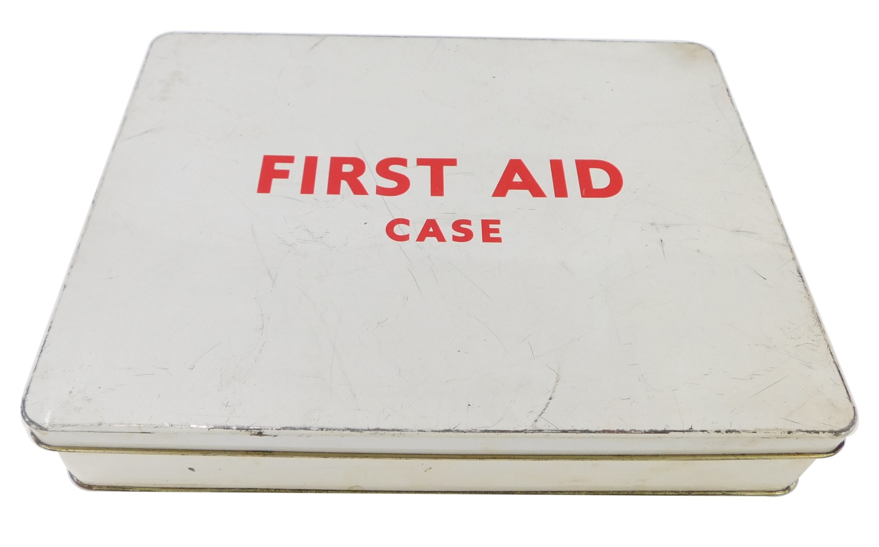 A 1960's/1970's first aid kit, with white enamel tin and contents, to include triangular bandage,