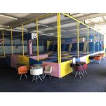 A soft play area, comprising forty seven trampolines, extending to a perimeter of 14.1m x 15.7m.