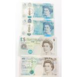 Four Bank of England £5 notes, including two plastic notes 2015, AC53 and AJ48, and Lowther HD56 and