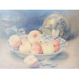 After A F Bonnardel. Still life of fruit in a blue and white bowl, print, 40cm x 49cm, in black