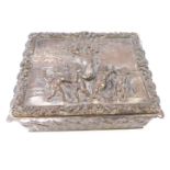 A late 19thC silver plated sewing box, the rectangular top with raised relief figures of cherubs,