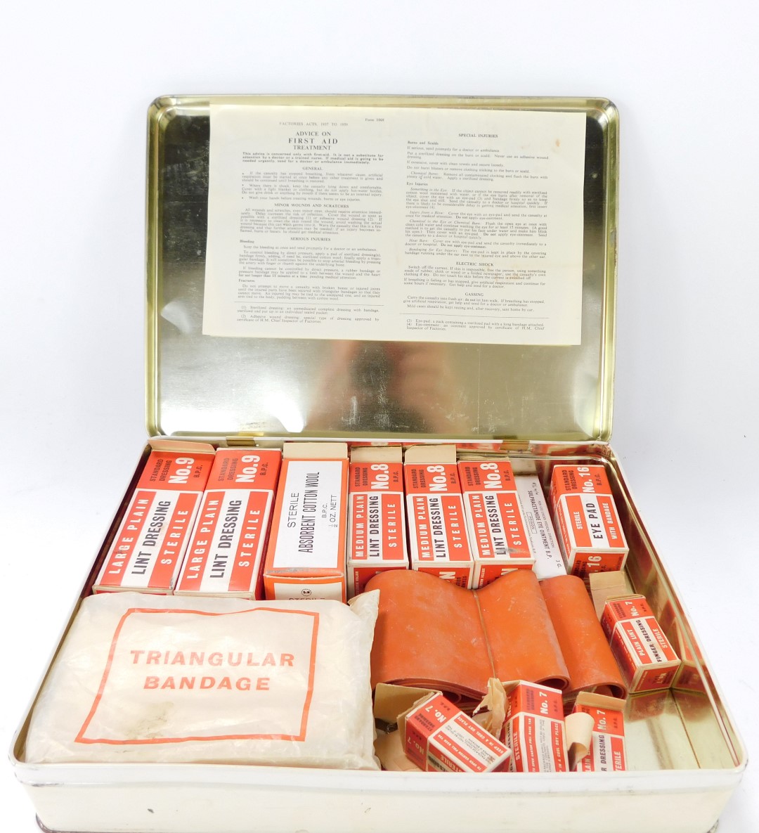 A 1960's/1970's first aid kit, with white enamel tin and contents, to include triangular bandage, - Image 2 of 3