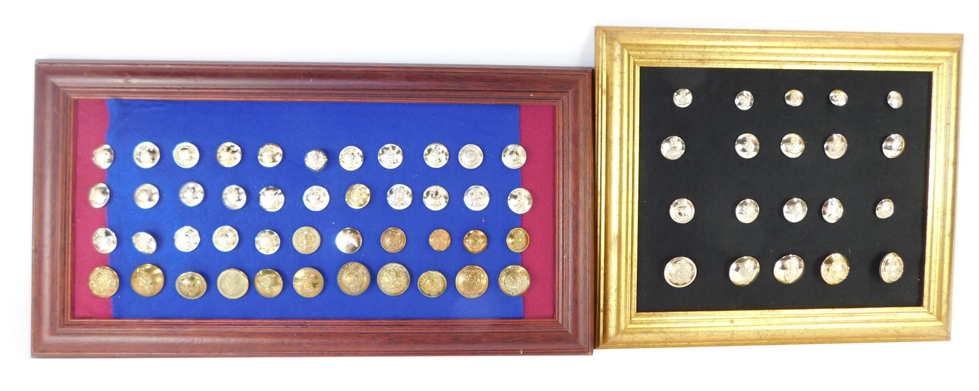 Two framed display cases of military buttons.