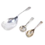 Three spoons, comprising a silver fiddle pattern spoon and two silver plated mustards, ¾oz gross. (