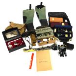 A group of fishing tackle, landing net, fly ties, part rods, fishing boxes, a pair of waders,