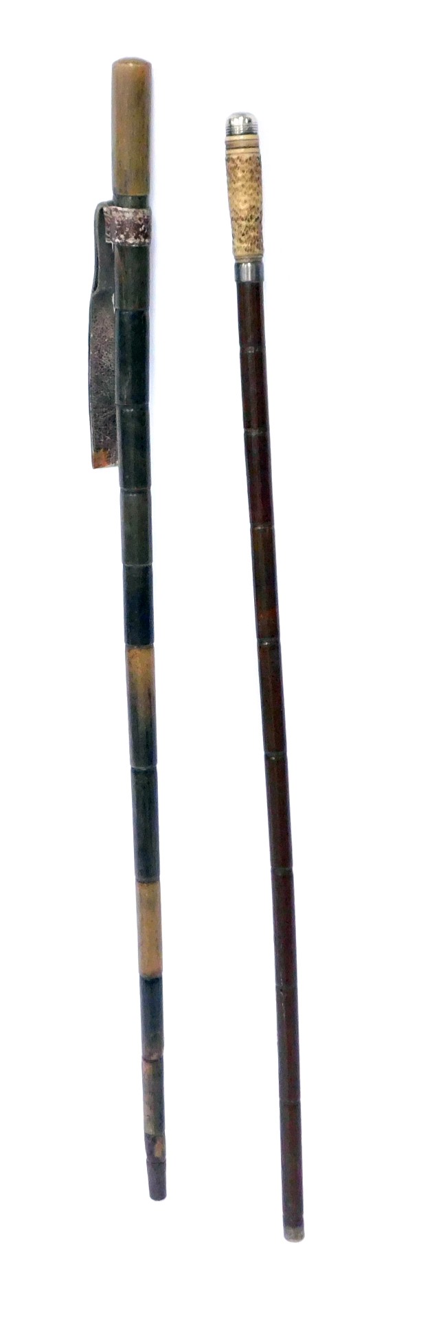 A horn walking stick, early 20thC, with leather strop, 81cm wide, together with a bamboo walking