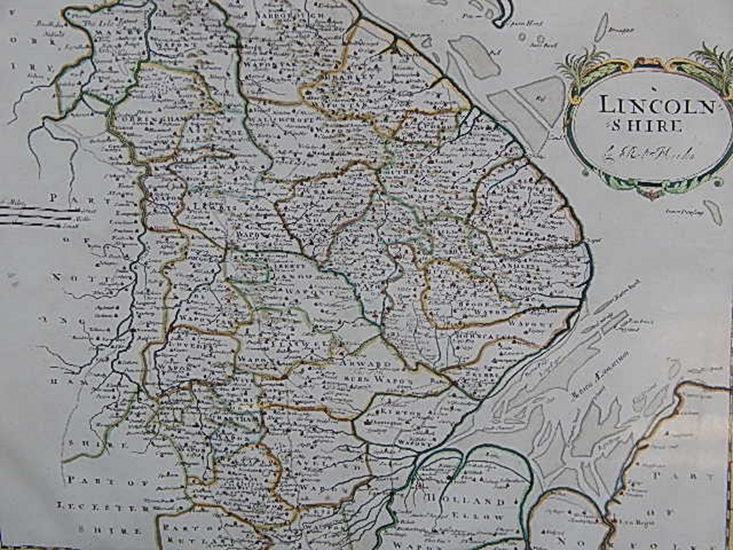 After Robert Morden. A late 20thC coloured map of Lincolnshire, 37cm x 42cm.