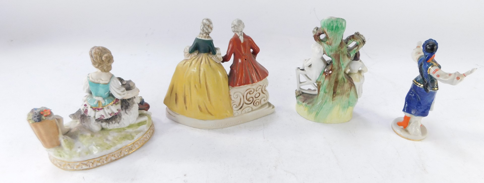 Four ceramic figures, comprising a German fete gallant group, Helena Wolfsohn type figure group ( - Image 2 of 3