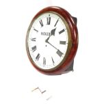 A late 19thC circular mahogany wall clock, with later white numeric painted dial, bearing Roman