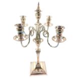 A Victorian silver five branch Adam style candelabrum, with embossed decoration of harebells,