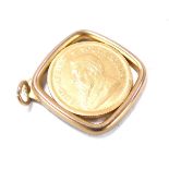 A 1/10th oz Krugerrand pendant, in 9ct box frame, 4.6g all in, 2cm high.