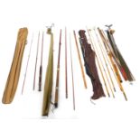 A group of fishing rods, comprising split cane fishing rod, Hardy's No 3 rod, etc. (a quantity)